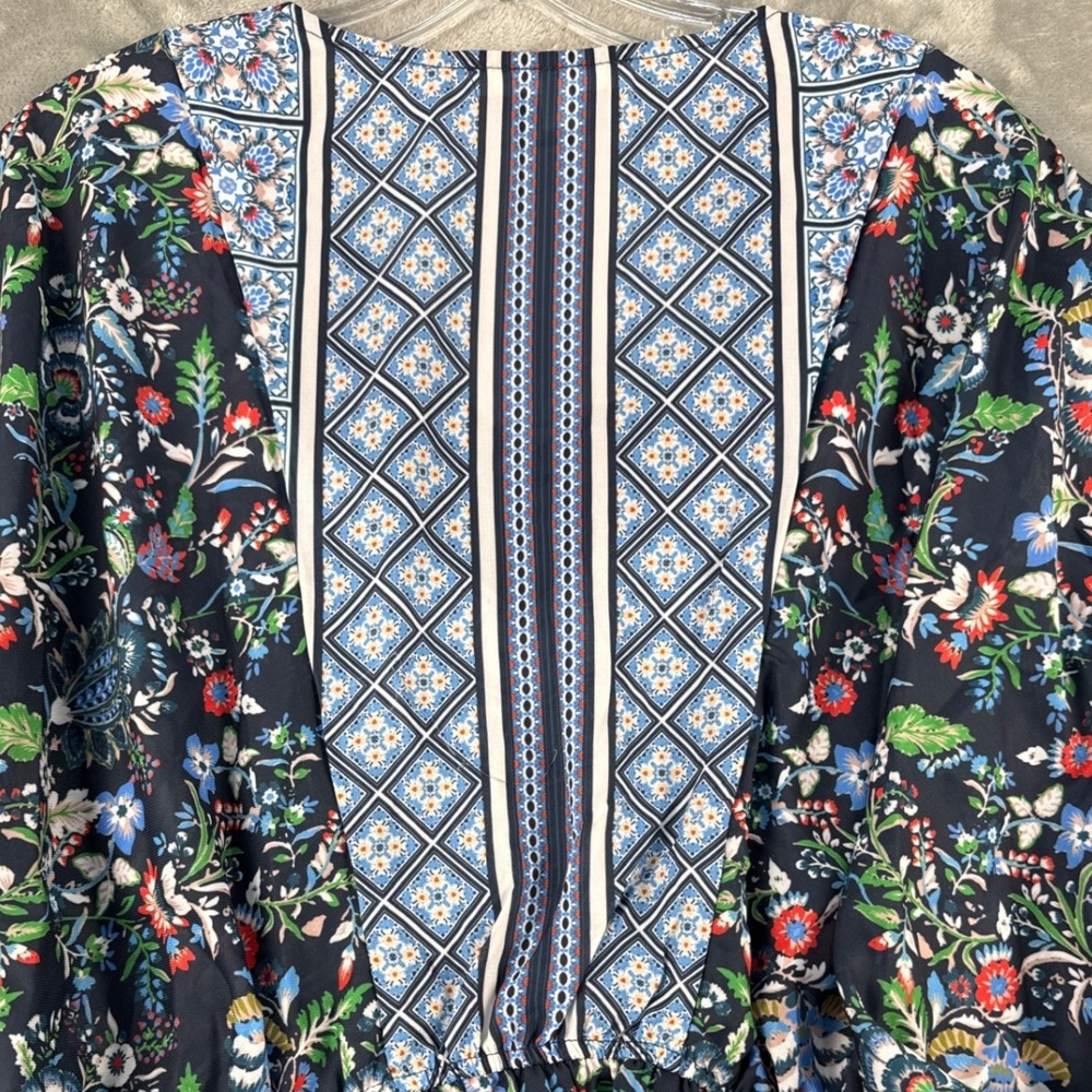 Her Bottari Blouse Womens Small Navy Floral Kimono Sleeve Peplum EUC - Picture 9 of 9